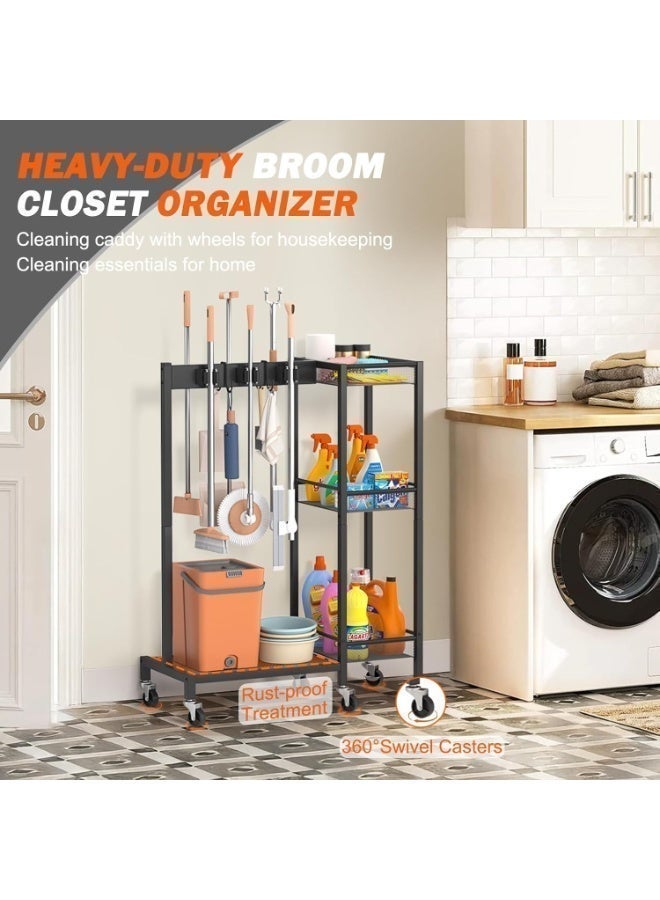 Uptyia Broom Holder with Cleaning Supplies Organizer, Broom Closet Storage Cabinet with Cleaning Caddy, Cleaning Cart with Mop Hanger Gripper Rack Hooks,Janitorial Cart,Utility Carts Household Essentials - Image 5